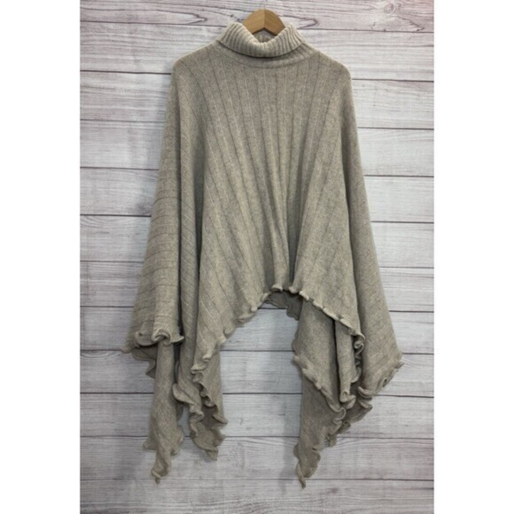NICKY Thomson Beige Ruffled Turtle neck Cardigan / Poncho LAMBSWOOL - ANGORA